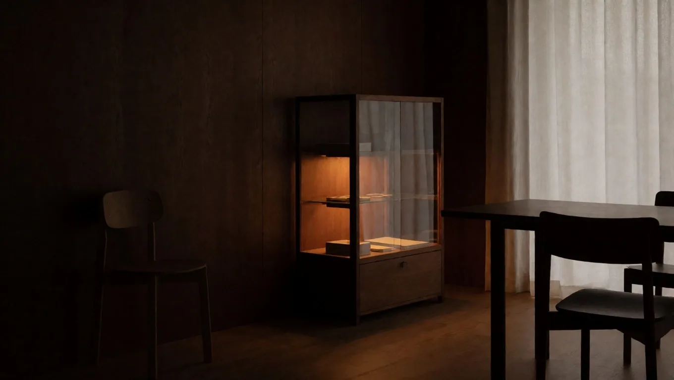 Atelier de création parisien au crépuscule avec lumière chaude traversant la vitrine